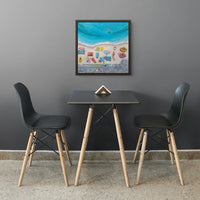A colorful beach-themed print of Day at the Beach by Artglober in a grey kitchen.