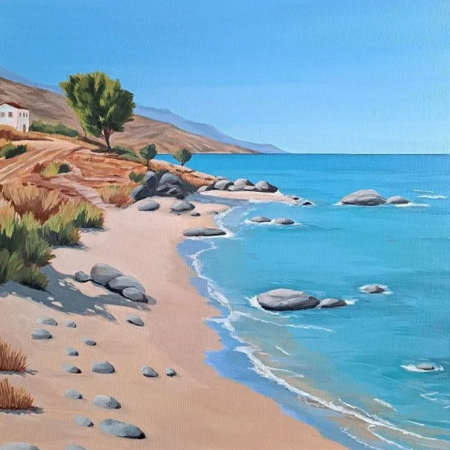 Painting of a beach scene on the Greek island of Naxos near Plaka beach with clear blue water, sandy shore, and rocky outcrops. A small white-washed stone cottage is perched above the shore with a view of the sea on this summer's day in Greece.