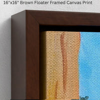 Close-up of brown floater-frame canvas print, "Orange Creamsicle House" by Artglober.
