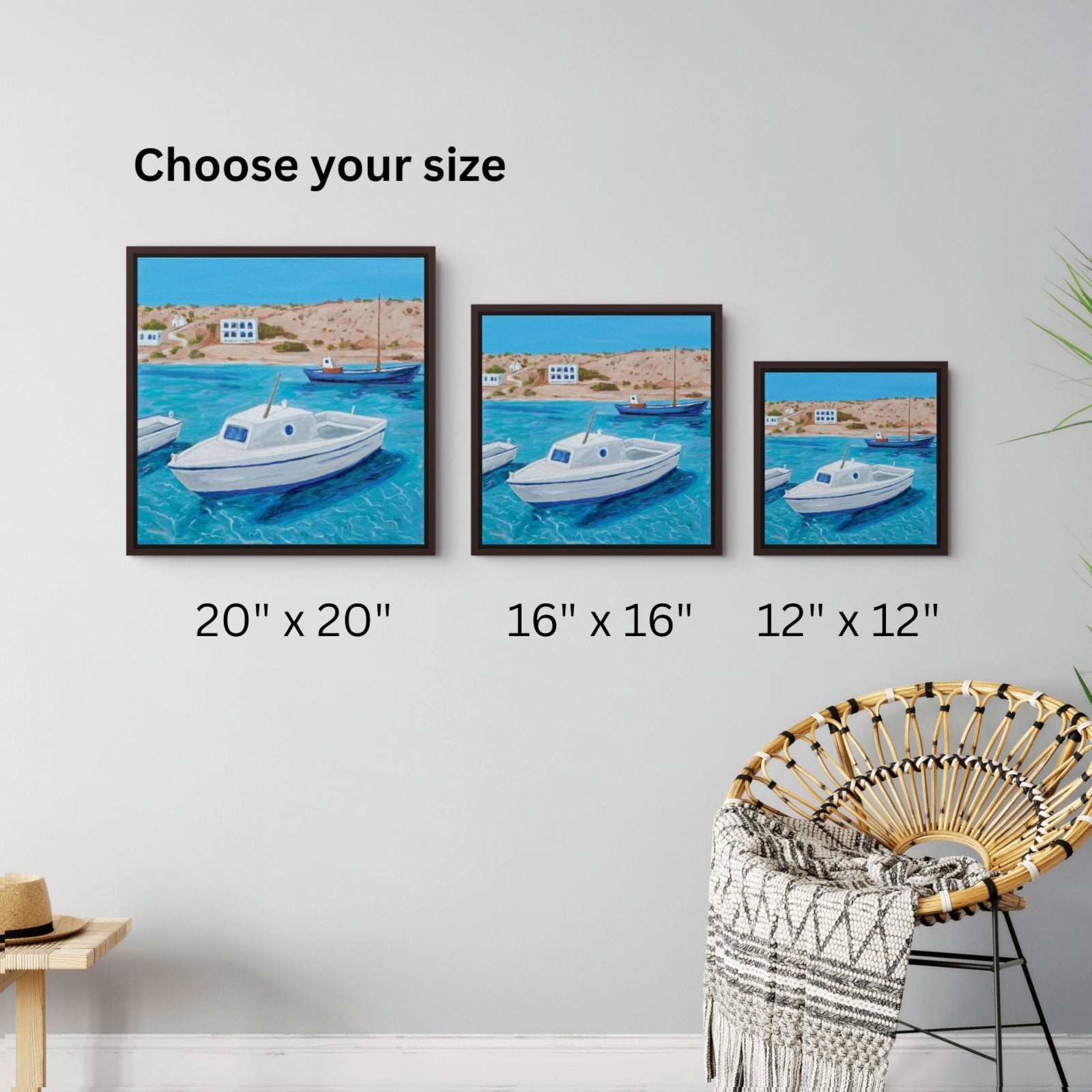 3 framed canvas size options of the print, "The Mightiest Little Fishing Boat" by Artglober, hang in a living room.