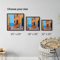 Three sizes of framed canvas print called, "Orange Creamsicle House" by Artglober displayed in a living room