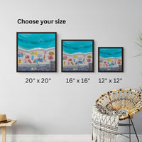 A choice of 3 framed canvas print sizes of Day at the Beach by Artglober in a living room.