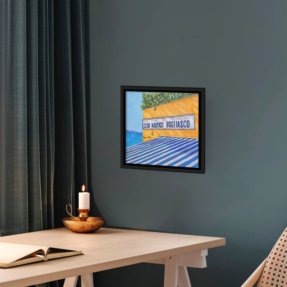 Framed canvas print, Club Nautico, by Artglober hanging on teal wall.