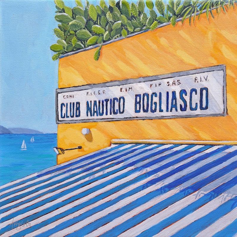 Close-up view of original vibrant painting, "Club Nautico" by Artglober, a Canadian artist creating travel-themed paintings.