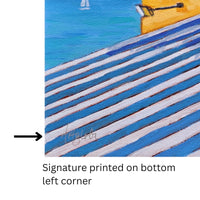 Close-up of corner of print called Club Nautico by Artglober, with signature printed in corner.