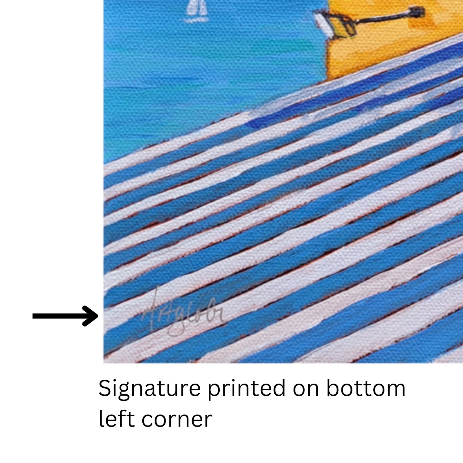 Close-up of corner of print called Club Nautico by Artglober, with signature printed in corner.