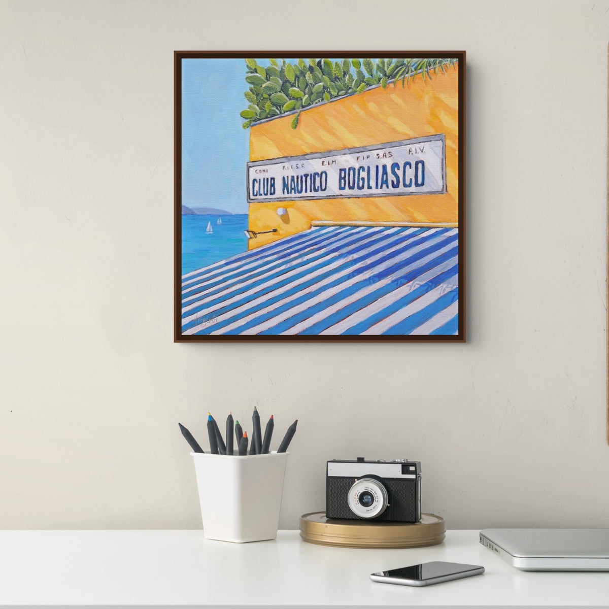 Vibrant framed canvas print, Club Nautico, by Artglober at office desk