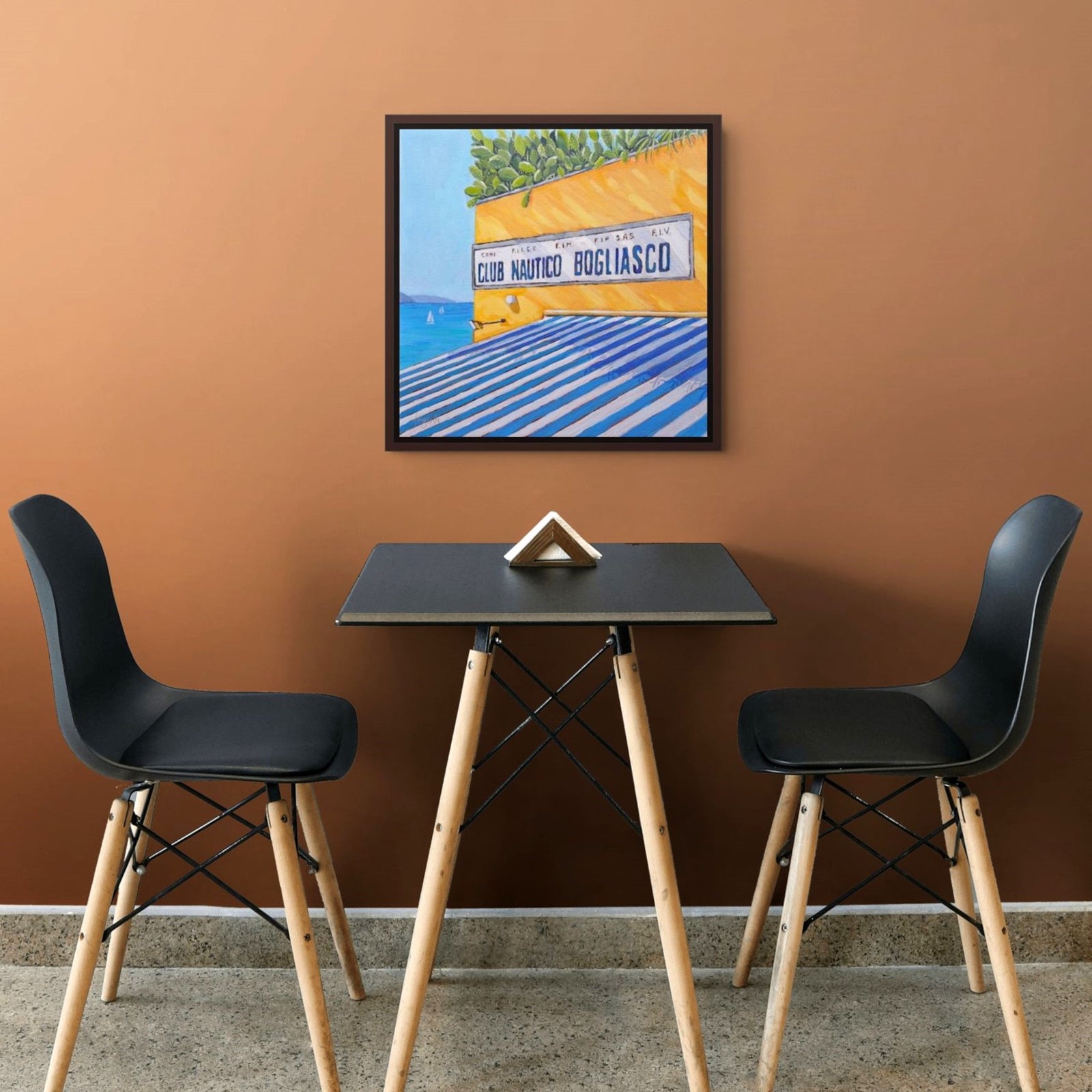 A vibrant framed canvas print, Club Nautico, by Artglober in a modern kitchen.