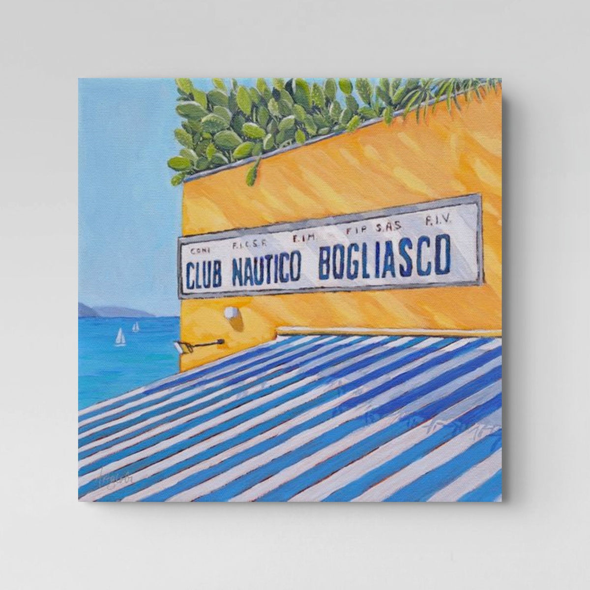 A canvas print, Club Nautico, by Artglober with a bright yellow & blue seaside theme.