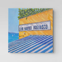 A canvas print, Club Nautico, by Artglober with a bright yellow & blue seaside theme.