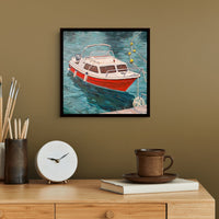 Original painting of a red fishing boat in Santa Margherita Italy by Artglober hanging in an office.