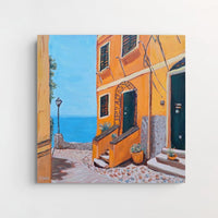 Glicee art print of Italian coastal village."Orange Creamsicle House" by Artglober.