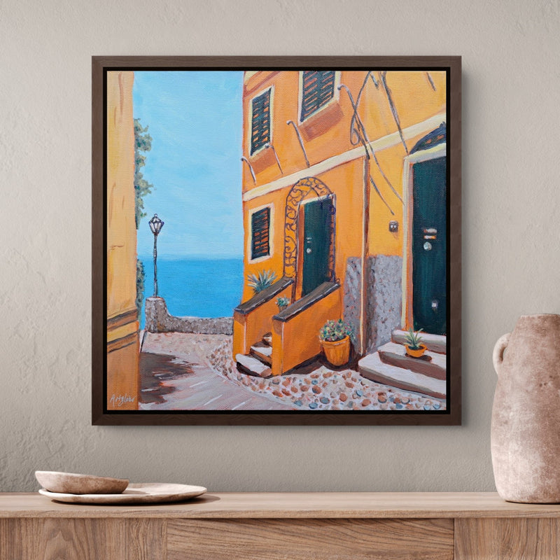 Mediterranean coastal village canvas art print called "Orange Creamsicle House" by Artglober