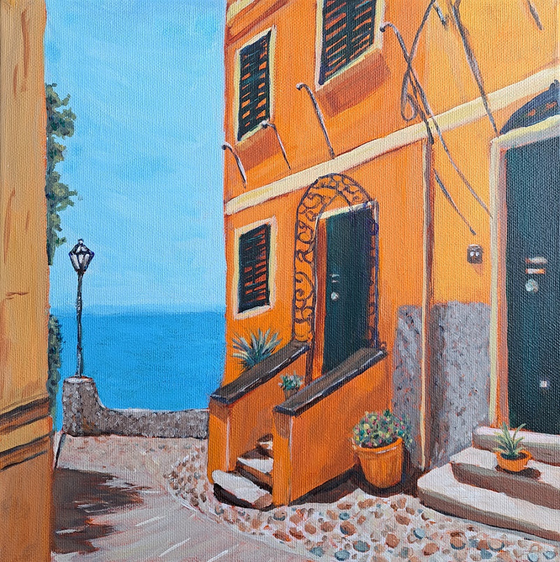 Vibrant mediterranean seaside painting of Italian townhouse painted in sunset hues. "Orange Creamsicle House" by Artglober, Canadian artist.