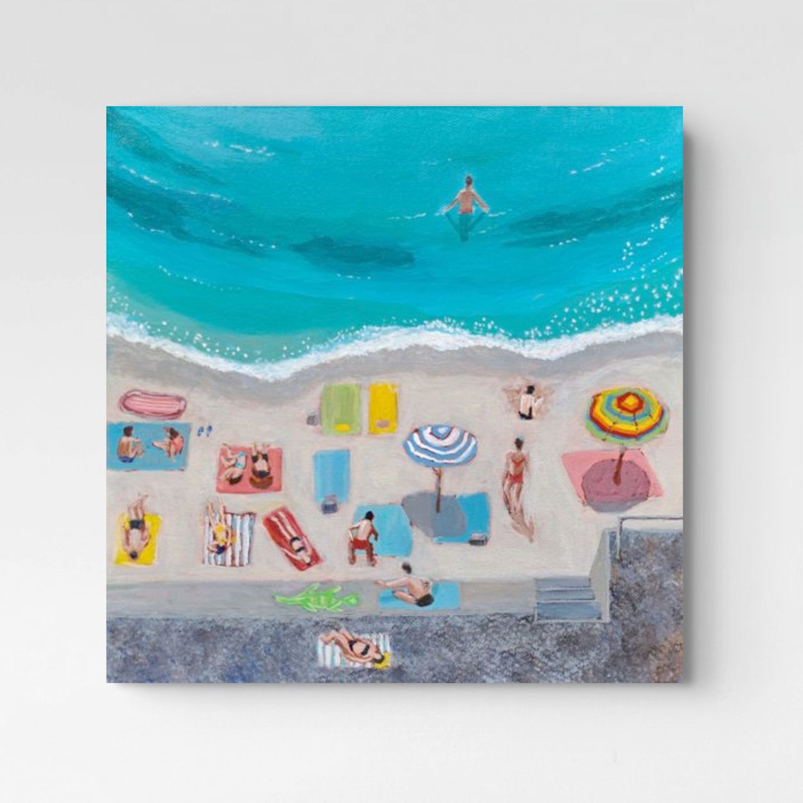 A colorful, whimsical gallery-wrapped canvas print of Day at the Beach by Artglober.